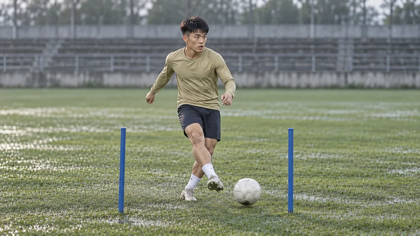 Bùi Thanh Đức luyện chuyền bóng qua cổng hẹp trên mặt sân ướt