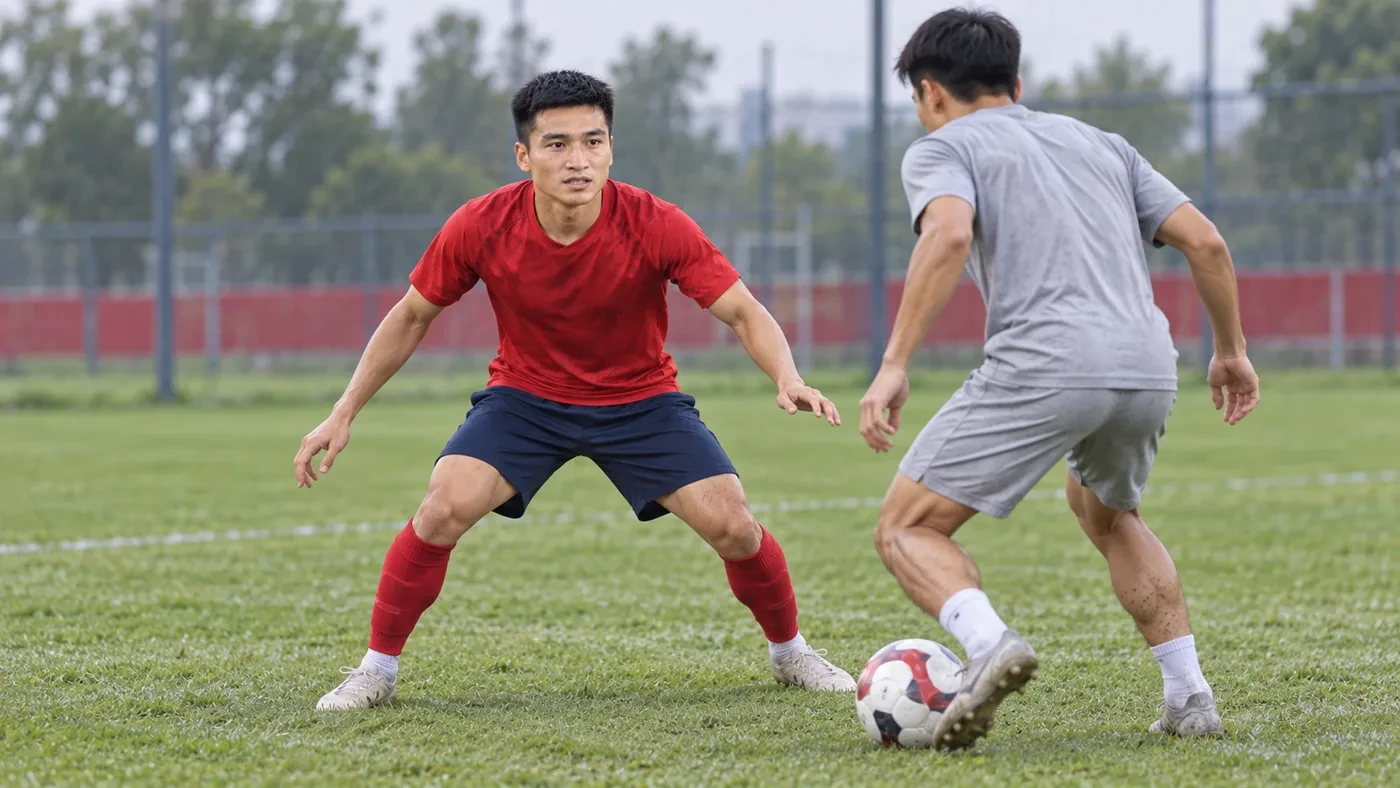 Đào Văn Nam giữ cự ly trong bài tập phòng ngự một đối một