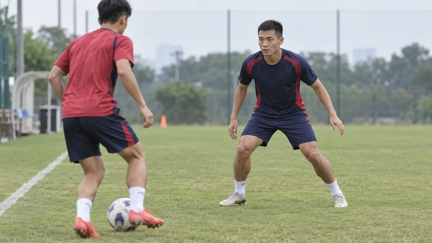 Đinh Viết Tú giữ tư thế phòng ngự một đối một trong buổi tập