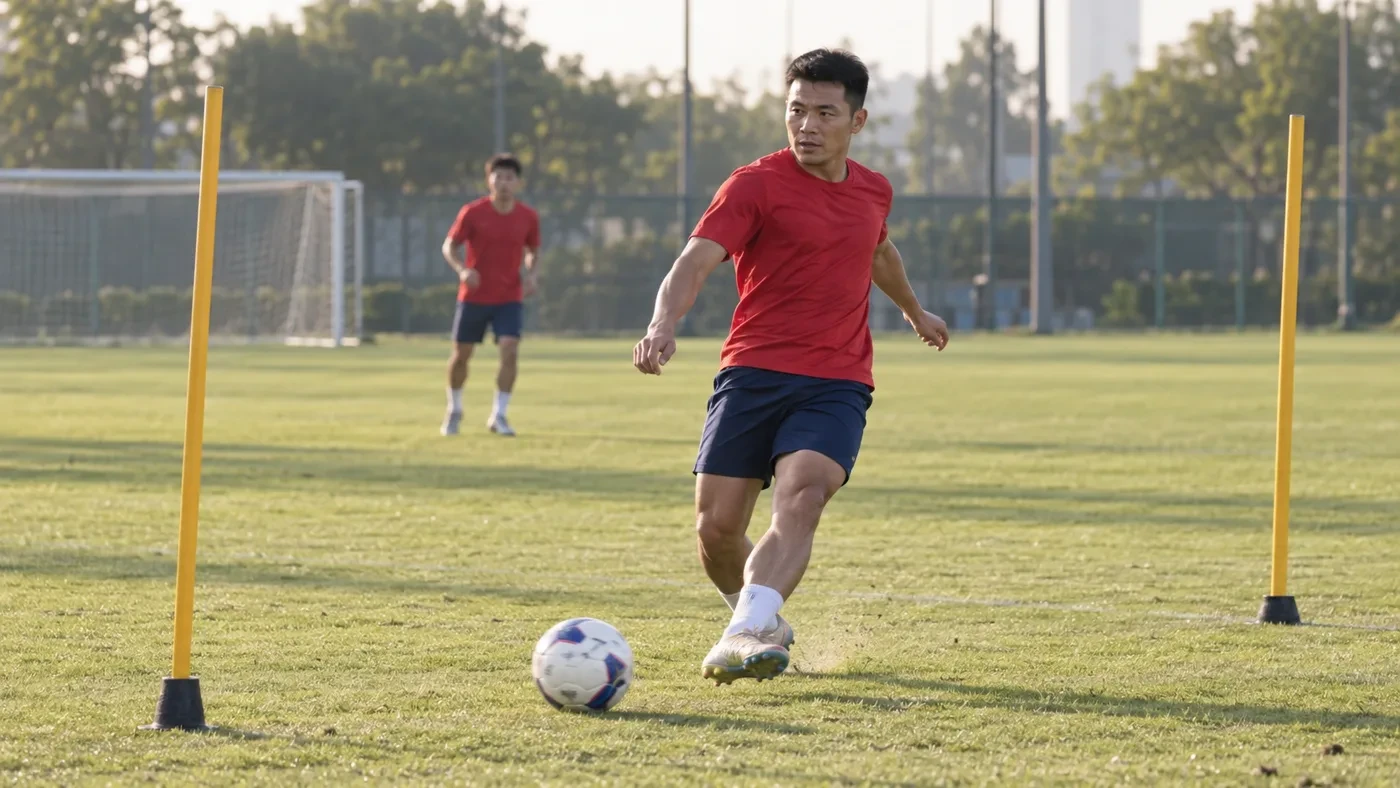 Đinh Viết Tú thực hiện đường chuyền sệt trong bài tập triển khai bóng