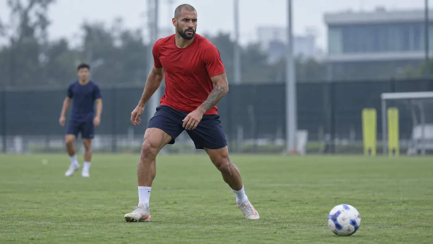 Lucas Alves điều chỉnh thân người trong bài tập phòng ngự