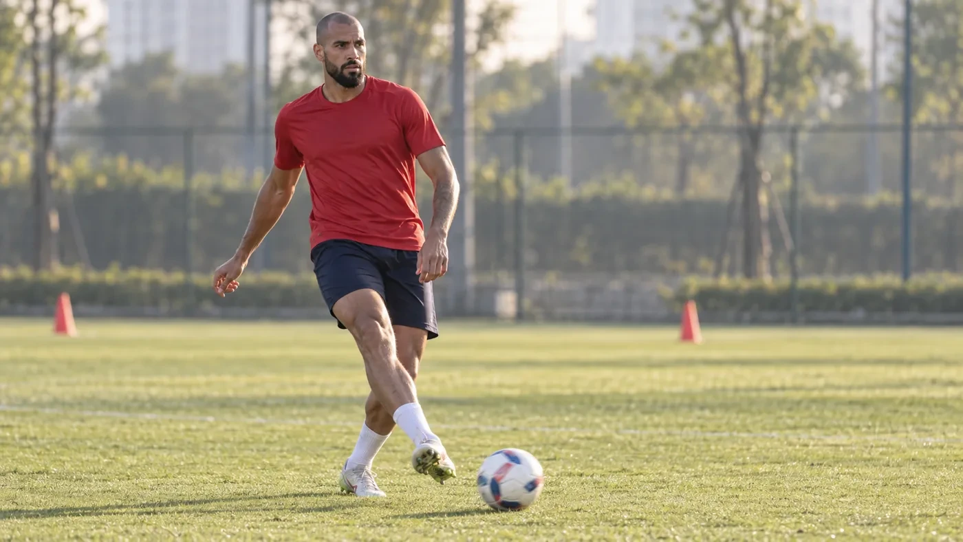 Lucas Alves thực hiện đường chuyền trong bài tập phát triển bóng
