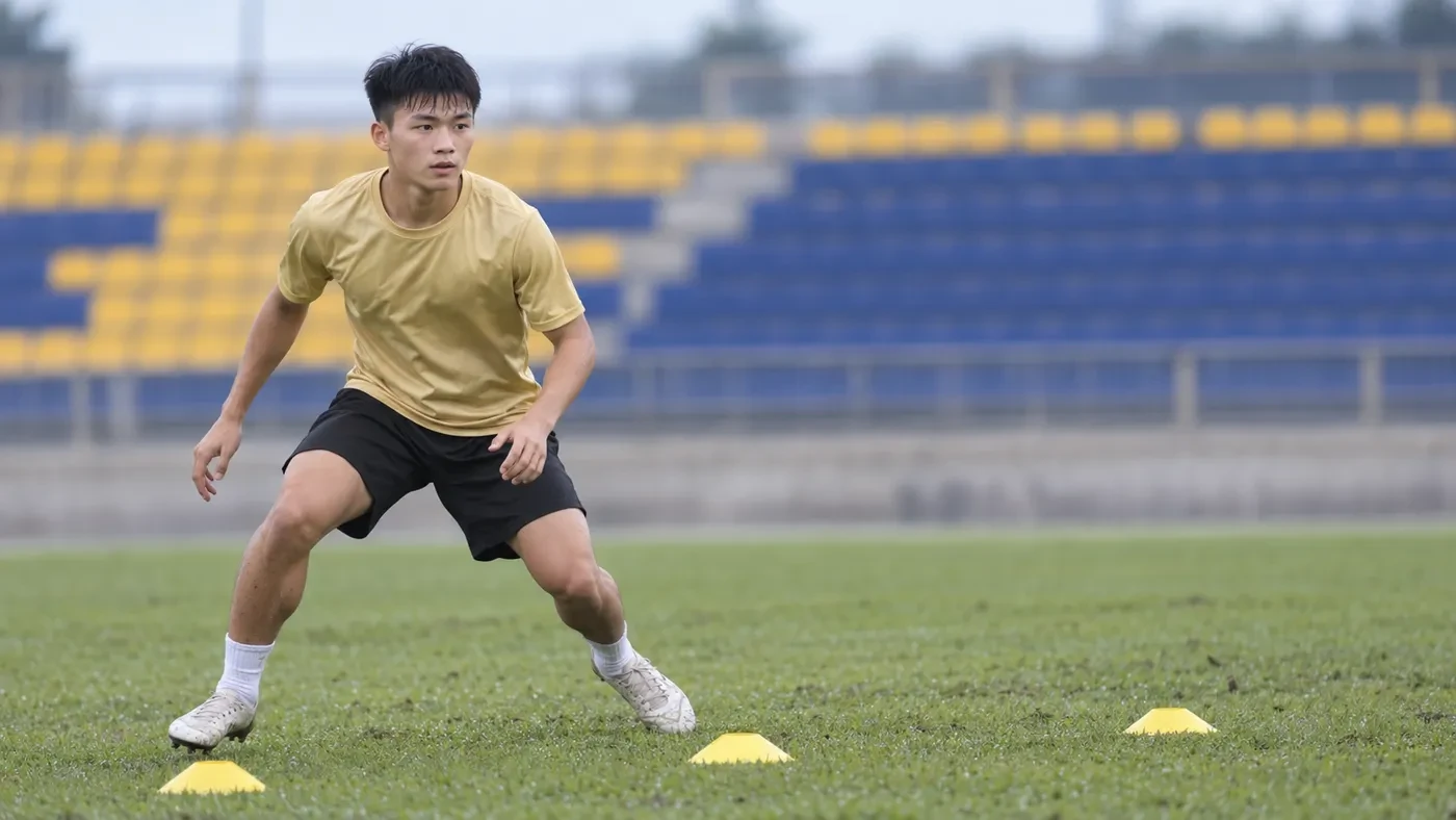 Nguyễn Mai Hoàng tập bước ngang và điều chỉnh tư thế phòng ngự