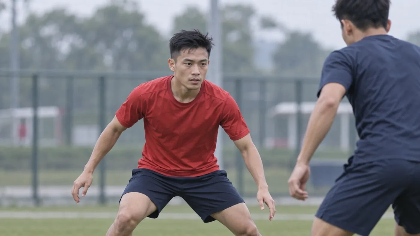 Phạm Trung Hiếu giữ tư thế trong bài tập phòng ngự một đối một