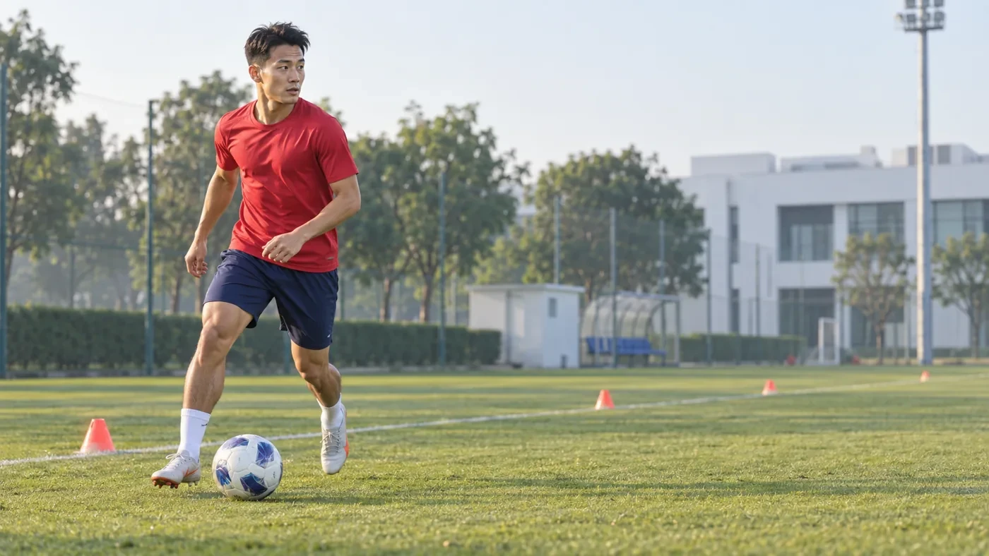 Phạm Trung Hiếu quan sát trước khi nhận bóng gần đường biên