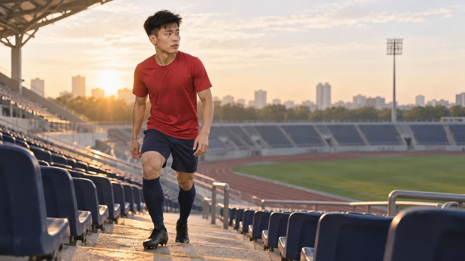 Phan Tuấn Tài trên lối đi khán đài lúc bình minh