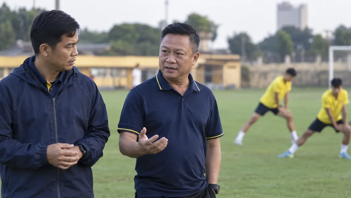 Văn Sỹ Sơn trao đổi với trợ lý trên sân tập của Sông Lam Nghệ An