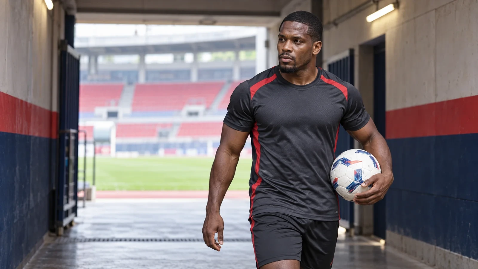 Rimario Gordon đi qua đường hầm sân vận động cùng trái bóng