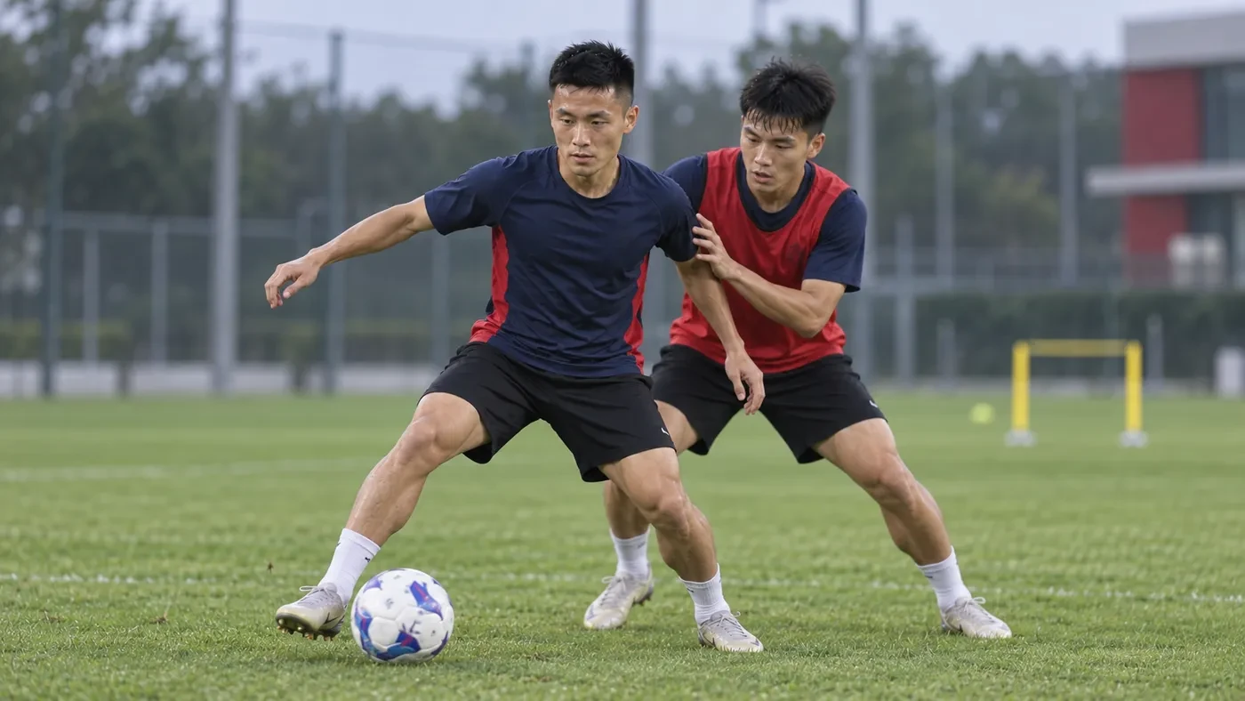 Doãn Ngọc Tân bảo vệ bóng trong bài tập tranh chấp