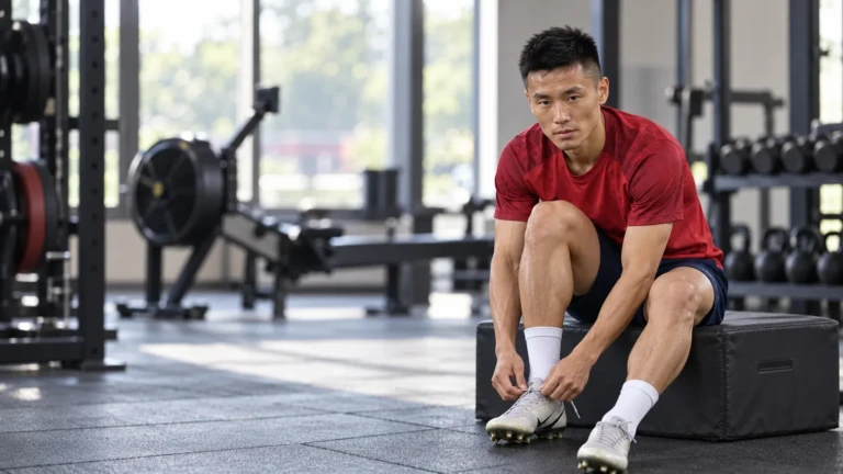 Doãn Ngọc Tân chuẩn bị giày trong phòng thể lực