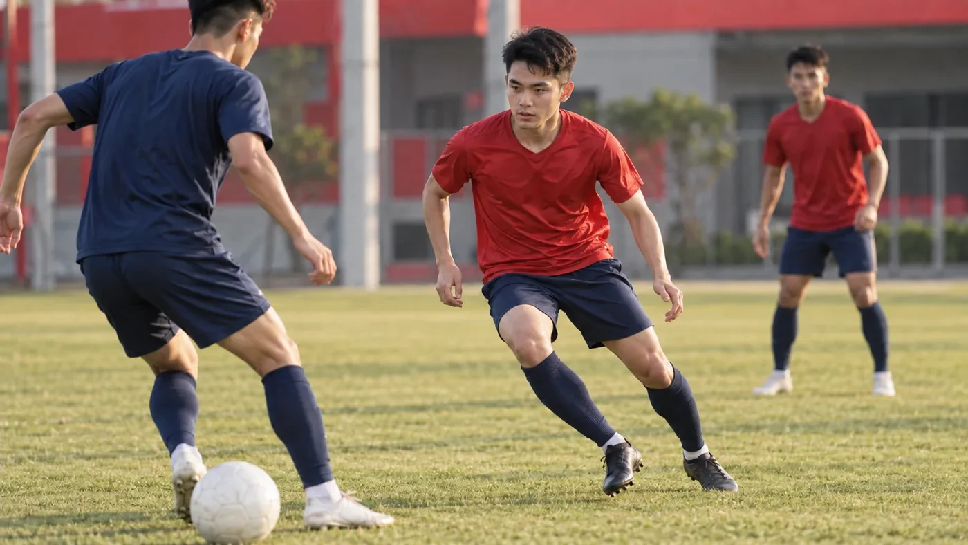 Khuất Văn Khang chuyền bóng đổi hướng trong bài tập