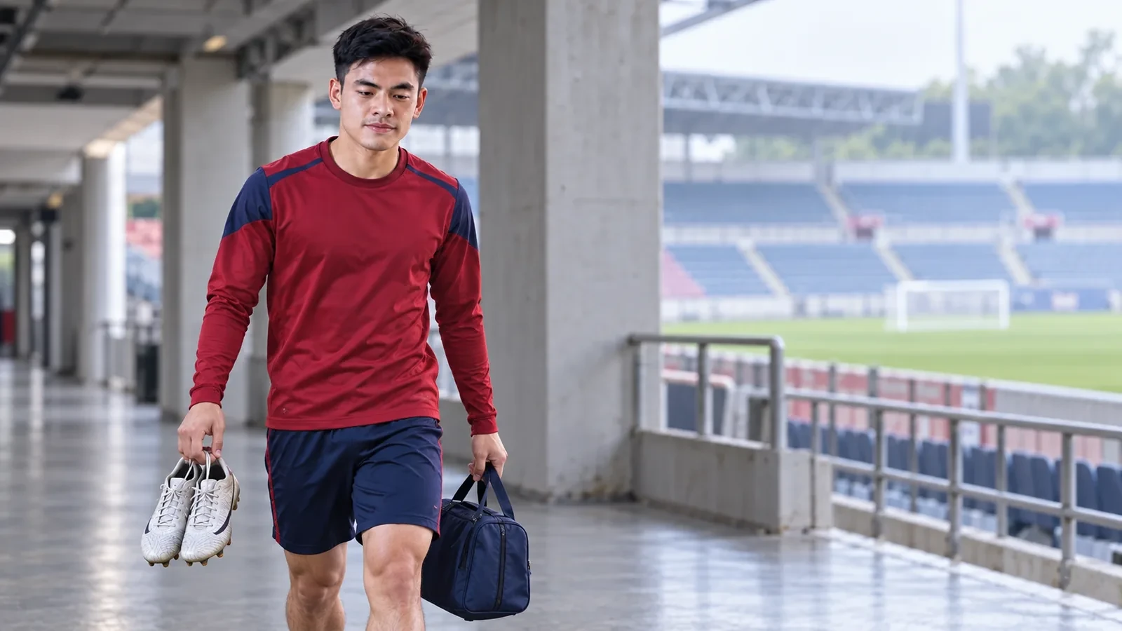 Nguyễn Hữu Nam đi qua hành lang sân trước buổi tập