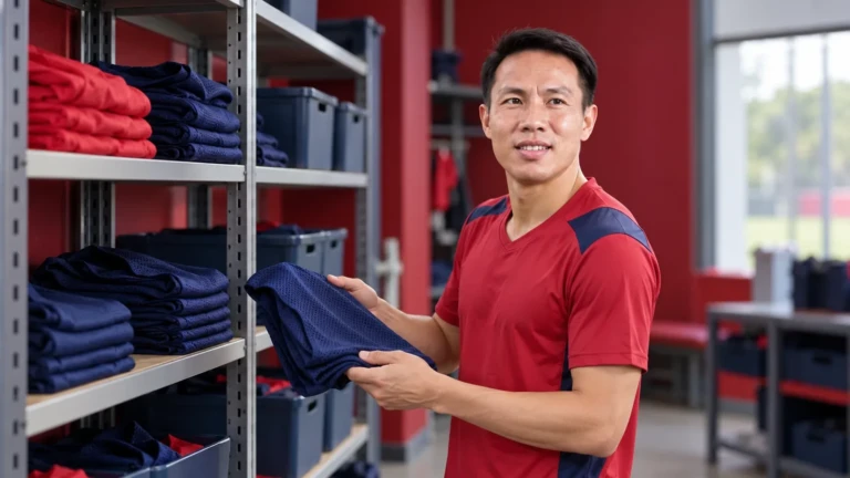 Nguyễn Văn Tú chuẩn bị trang phục trong phòng thiết bị