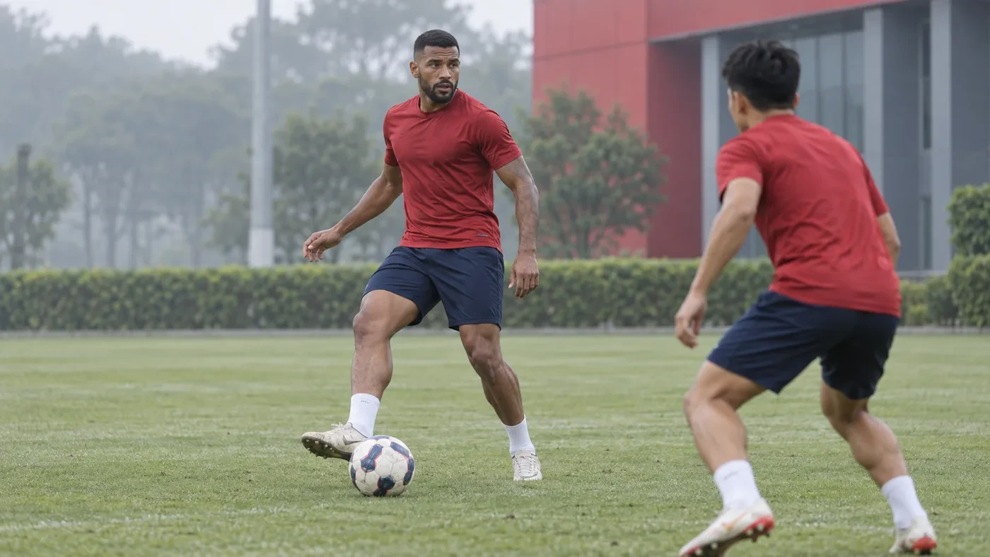 Paulinho Curuá mở thân người nhận bóng trong bài tập